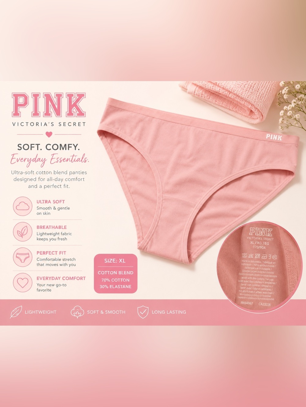 PINK Victoria's Secret Cotton Blend Bikini Panty - Light Pink XL